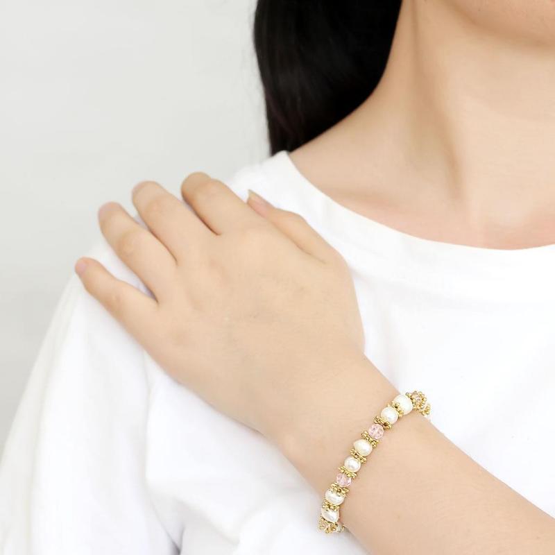 Antique Silver White Metal Bracelet with Synthetic Pearl in Rose