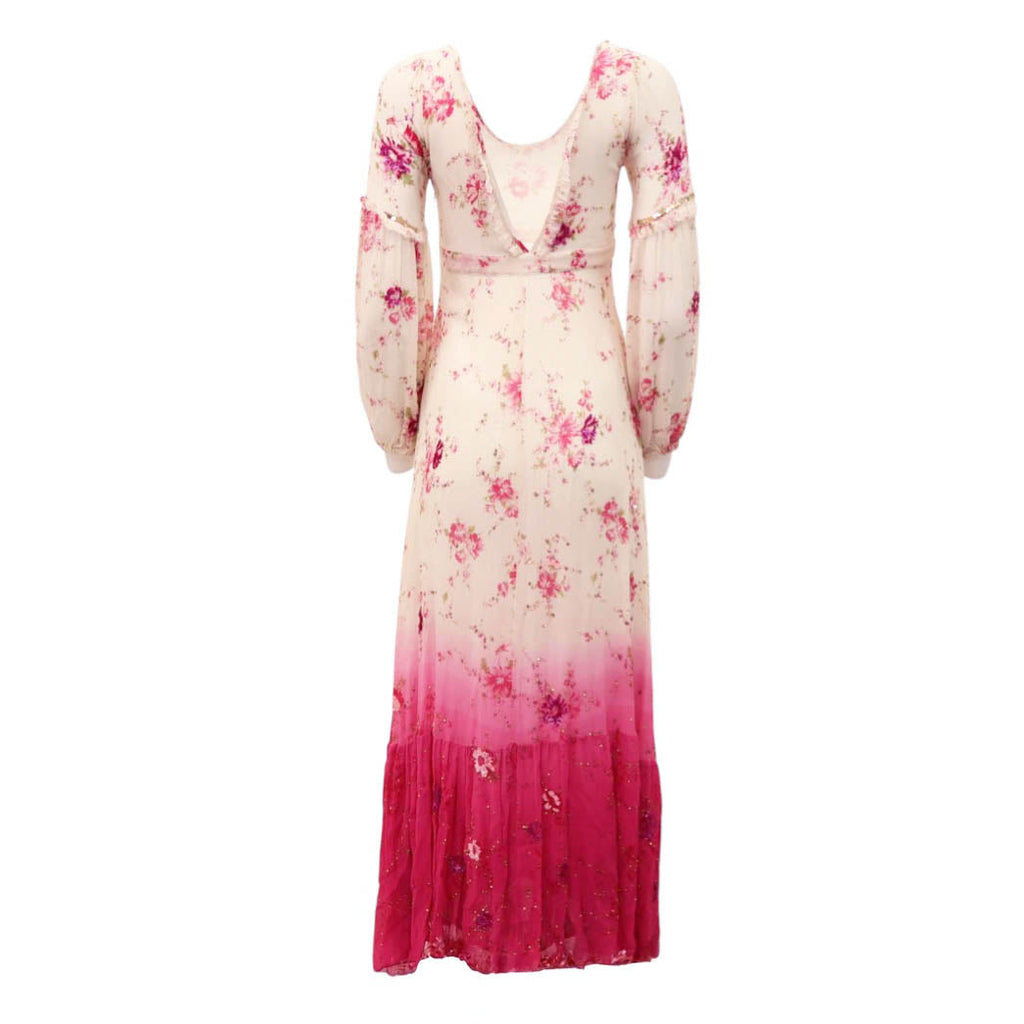LOVESHACKFANCY WHITE FLORAL MAXI DRESS WITH RUFFLE AND SEQUIN DETAILS - SIZE 00