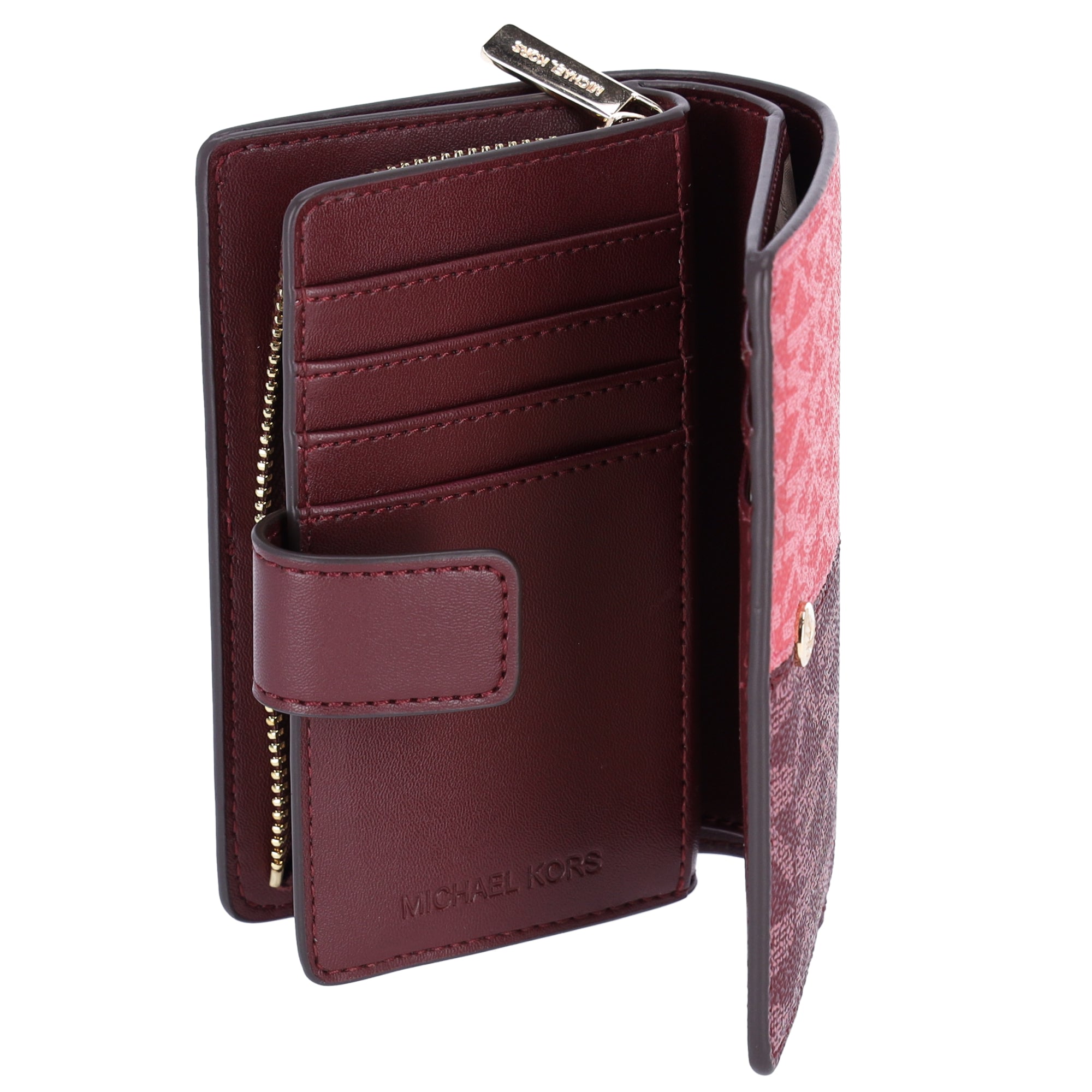 Michael Kors Jet Set Medium Bifold Zip Coin Signature Wallet Oxblood Multi MK