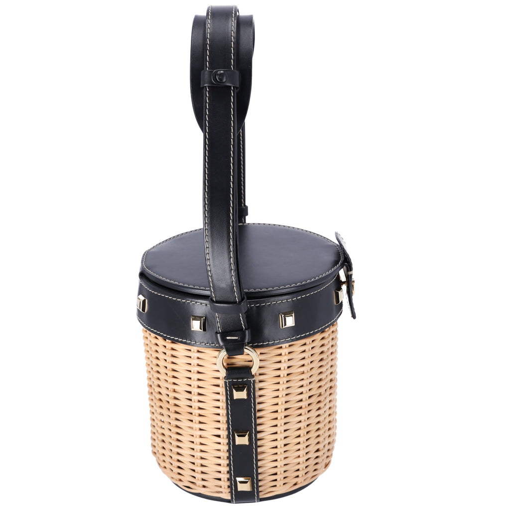 Salvatore Ferragamo Gancini Drawstring Bucket Bag Wicker Studded Leather + Pouch