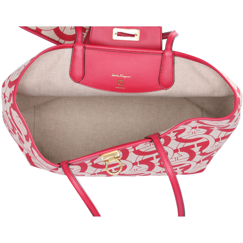 Salvatore Ferragamo Gancini Tote Bag Beige Red Canvas Leather