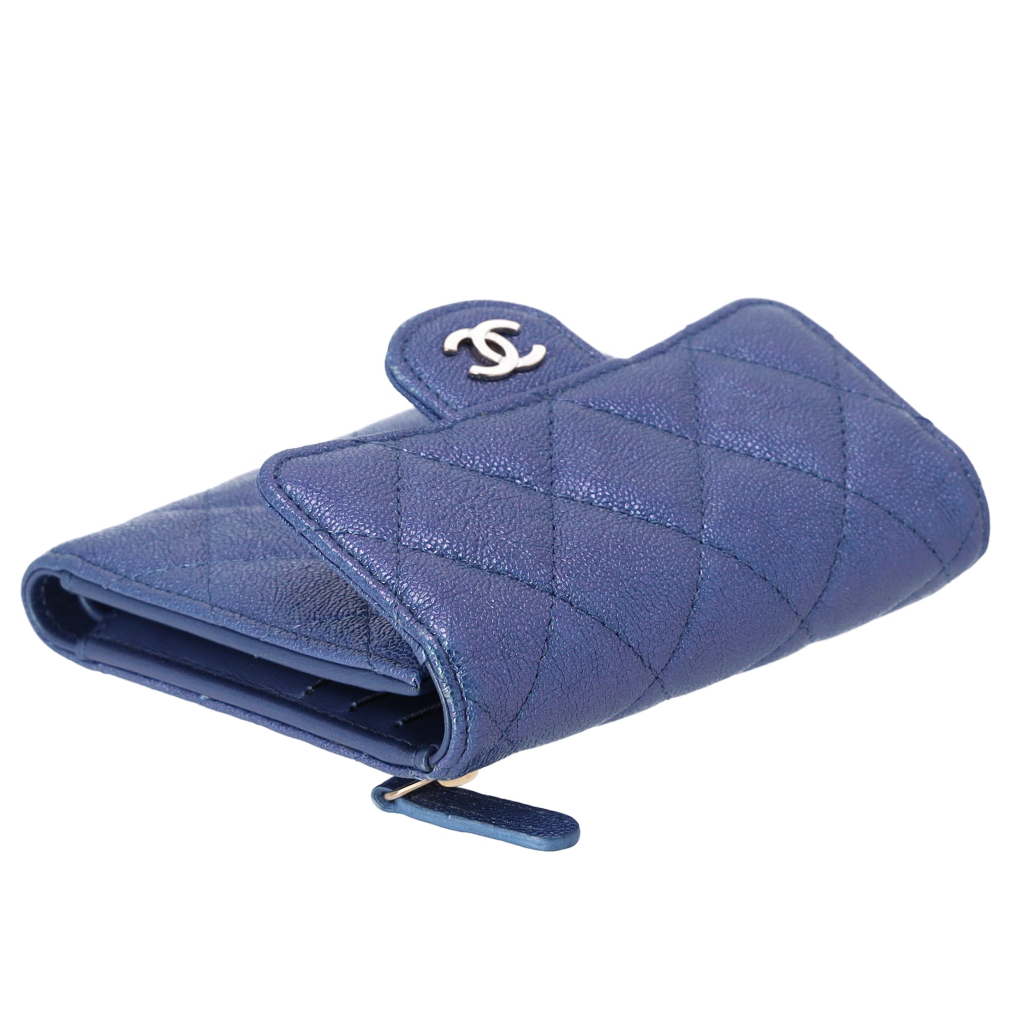 CHANEL Matelasse Trifold Wallet Iridescent Blue Caviar Leather