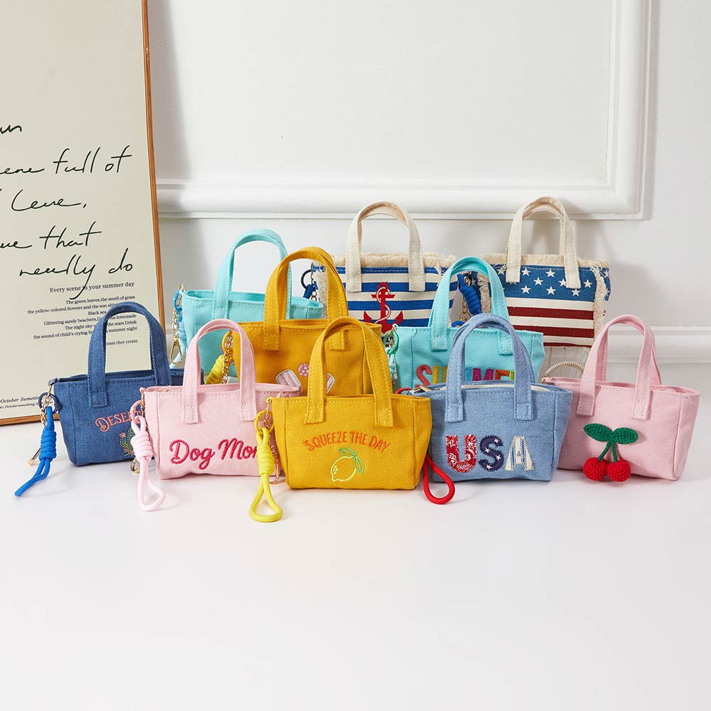 DOG MOM Embroidered Mini Canvas Tote Bag Keychain Bag Charm