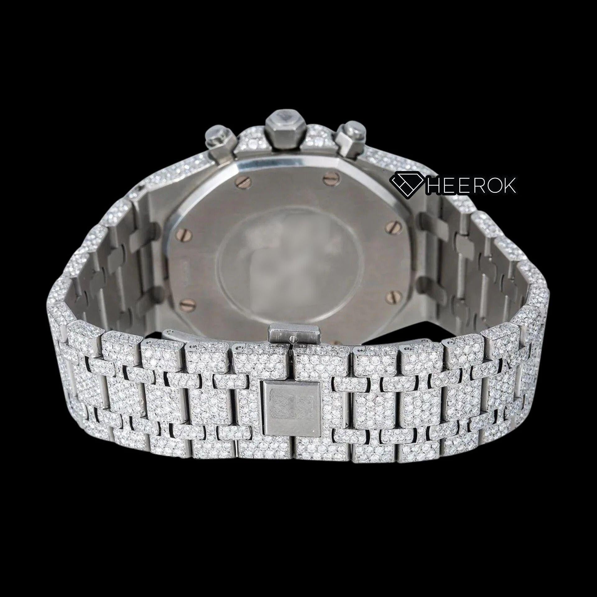 AP Royal Oak Chronograph Full Pave Diamond Dial White Stick Markers Diamond Bezel Fully Iced Out Moissanite Watch