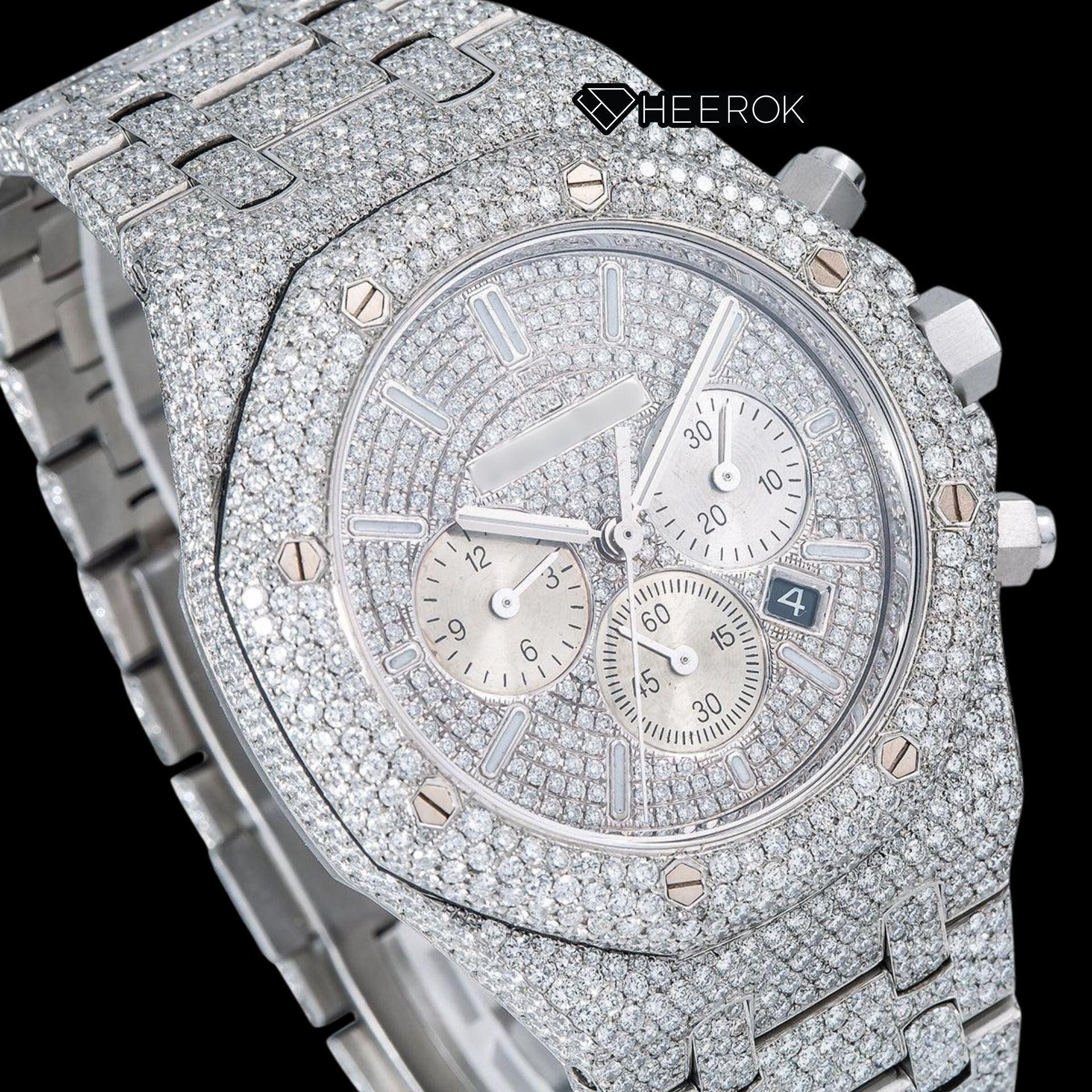 AP Royal Oak Chronograph Full Pave Diamond Dial White Stick Markers Diamond Bezel Fully Iced Out Moissanite Watch