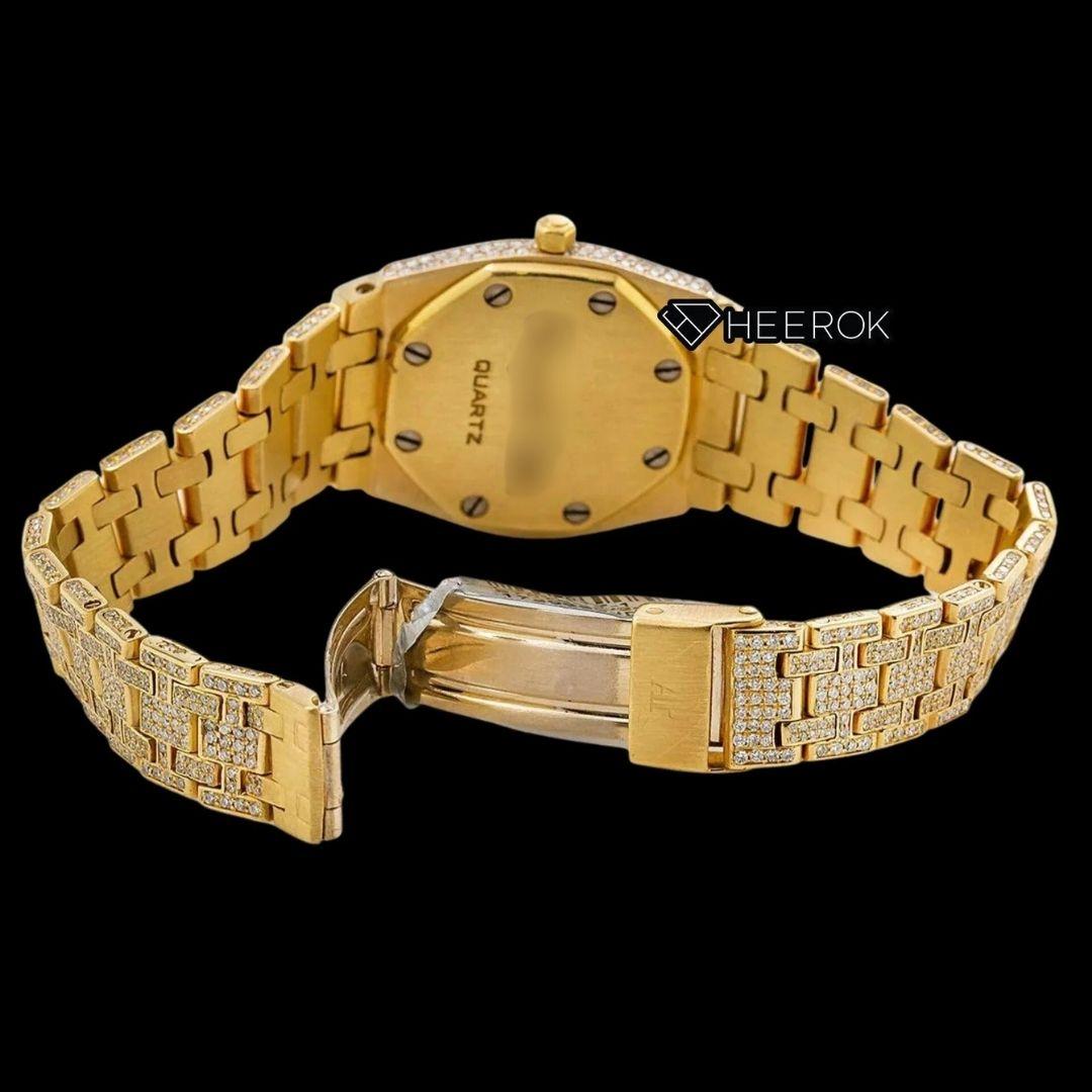 AP Royal Oak Diamond Markers White Dial Yellow Gold Diamond Bezel Fully Iced Out Yellow Gold Moissanite Watch For Women