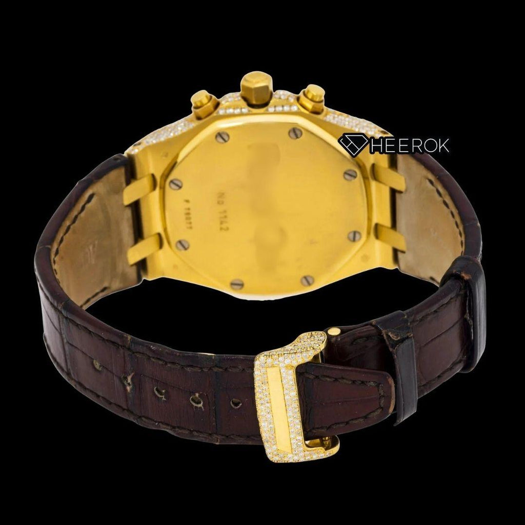AP Royal Oak Full Pave Chronograph Diamond Dial Square Shape Markers Yellow Gold Semi Iced Out Brown Leather Strap Moissanite Watch