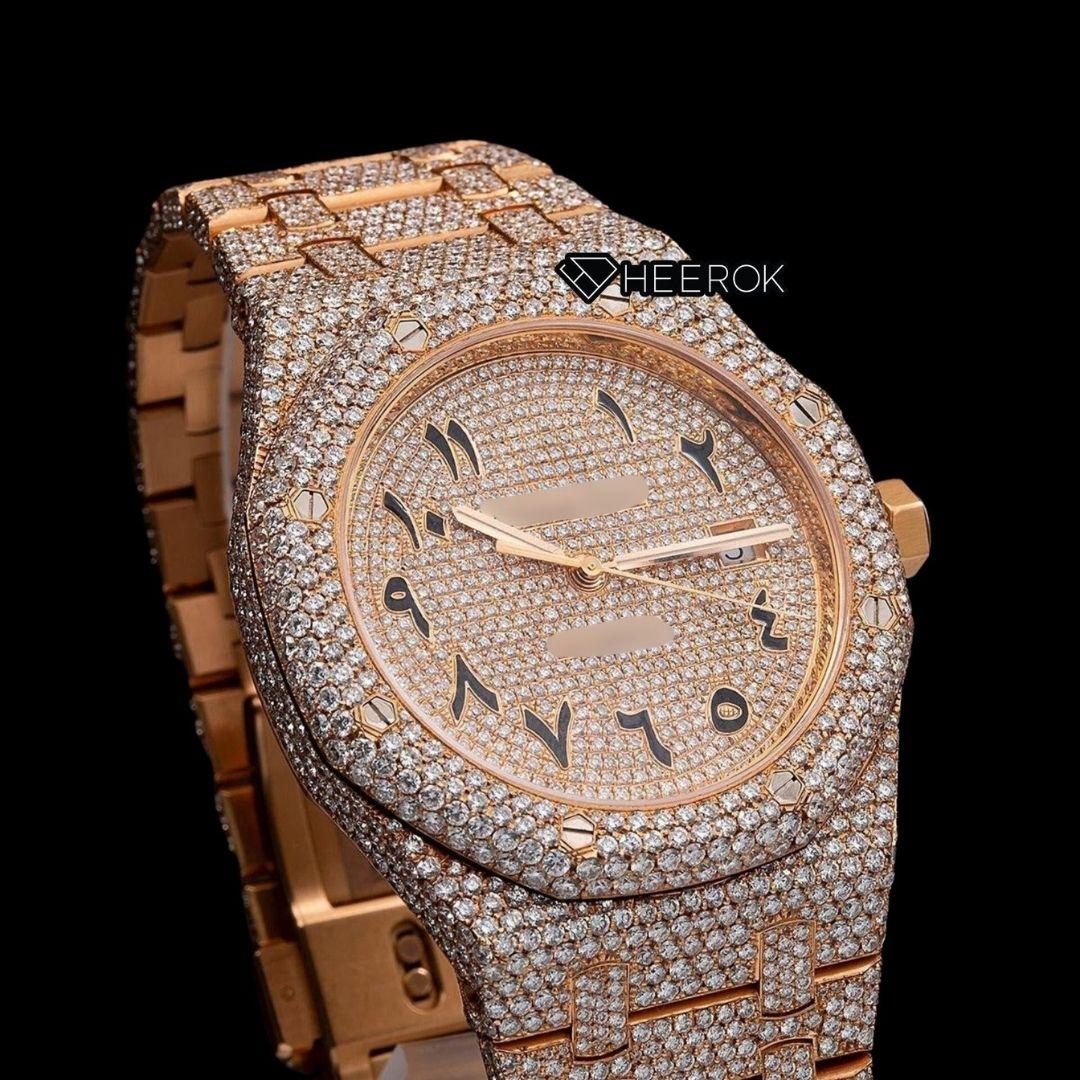 AP Royal Oak Full Pave Diamond Dial Black Arabic Numerals Diamond Bezel Fully Iced Out Rose Gold Moissanite Watch