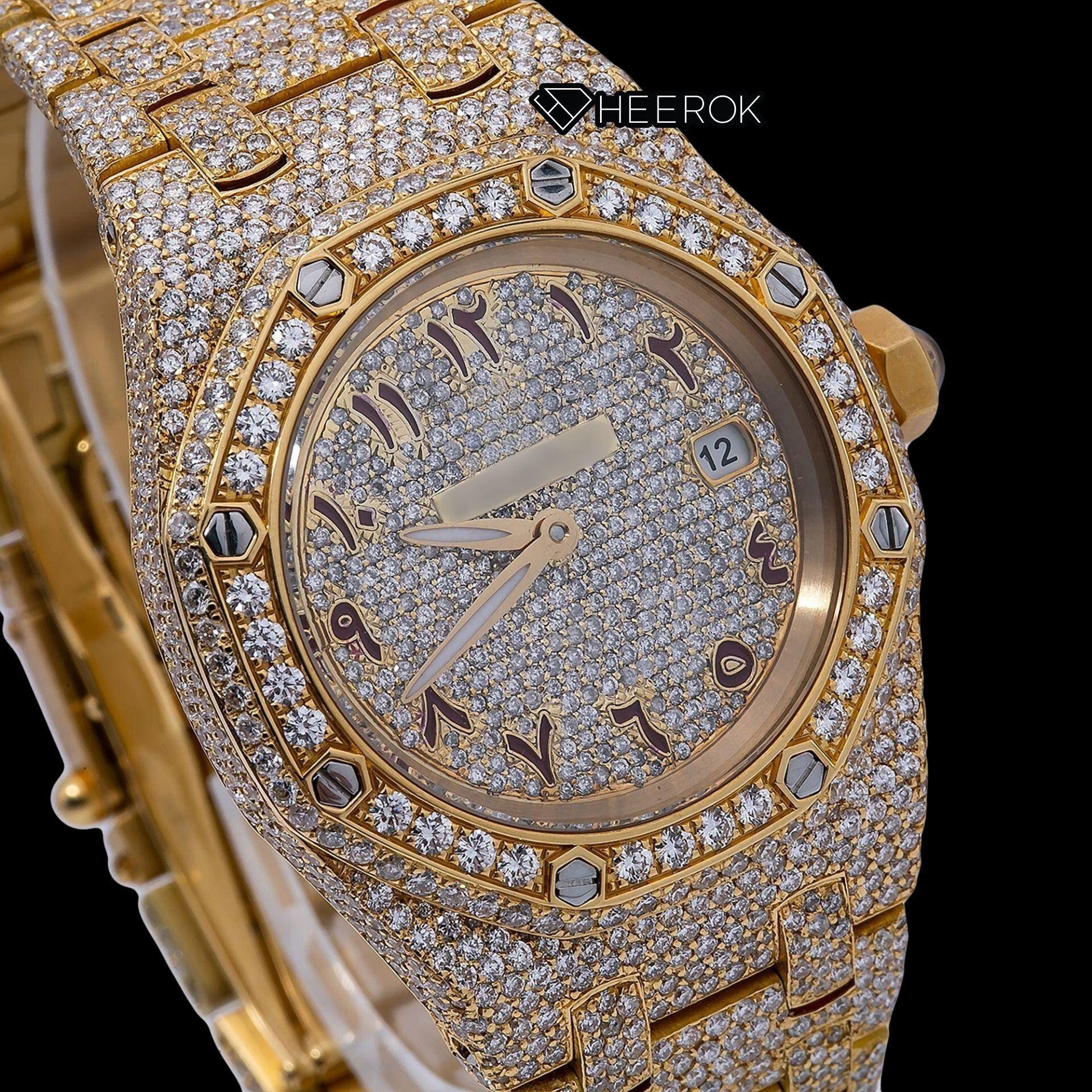 AP Royal Oak Full Pave Diamond Dial Brown Arabic Numerals Diamond Bezel Yellow Gold Fully Iced Out Moissanite Watch For Women