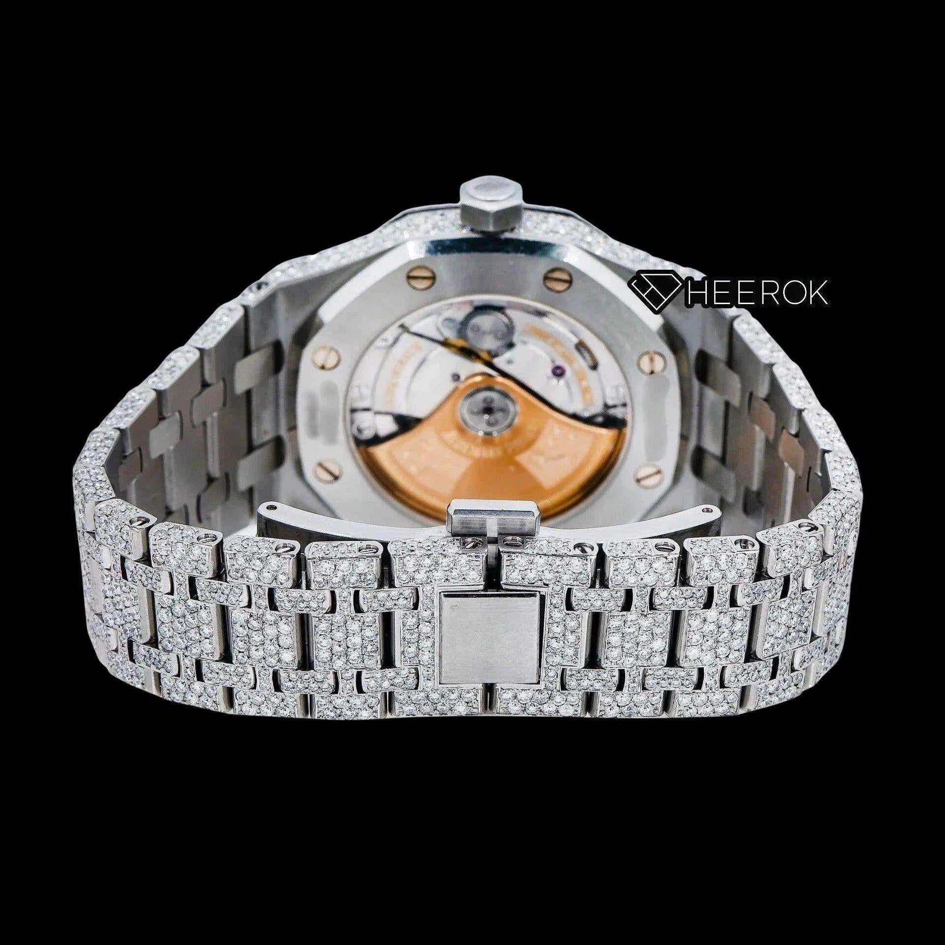 AP Royal Oak Full Pave Diamond Dial Pink Arabic Numerals Diamond Bezel Moissanite Diamond Watch