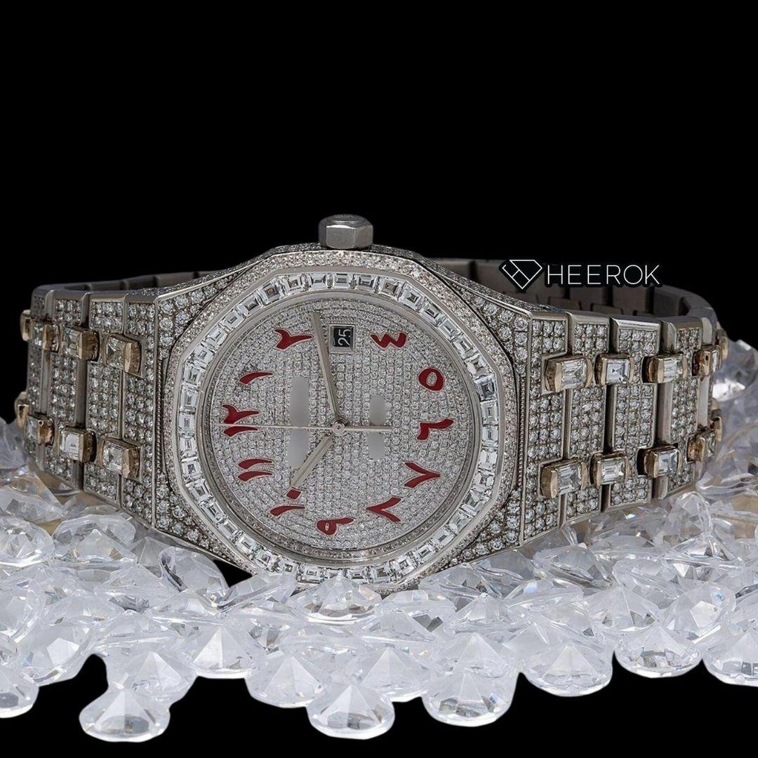 AP Royal Oak Full Pave Diamond Dial Red Arabic Numerals Baguette Diamond Bezel Fully Iced Out Moissanite Watch