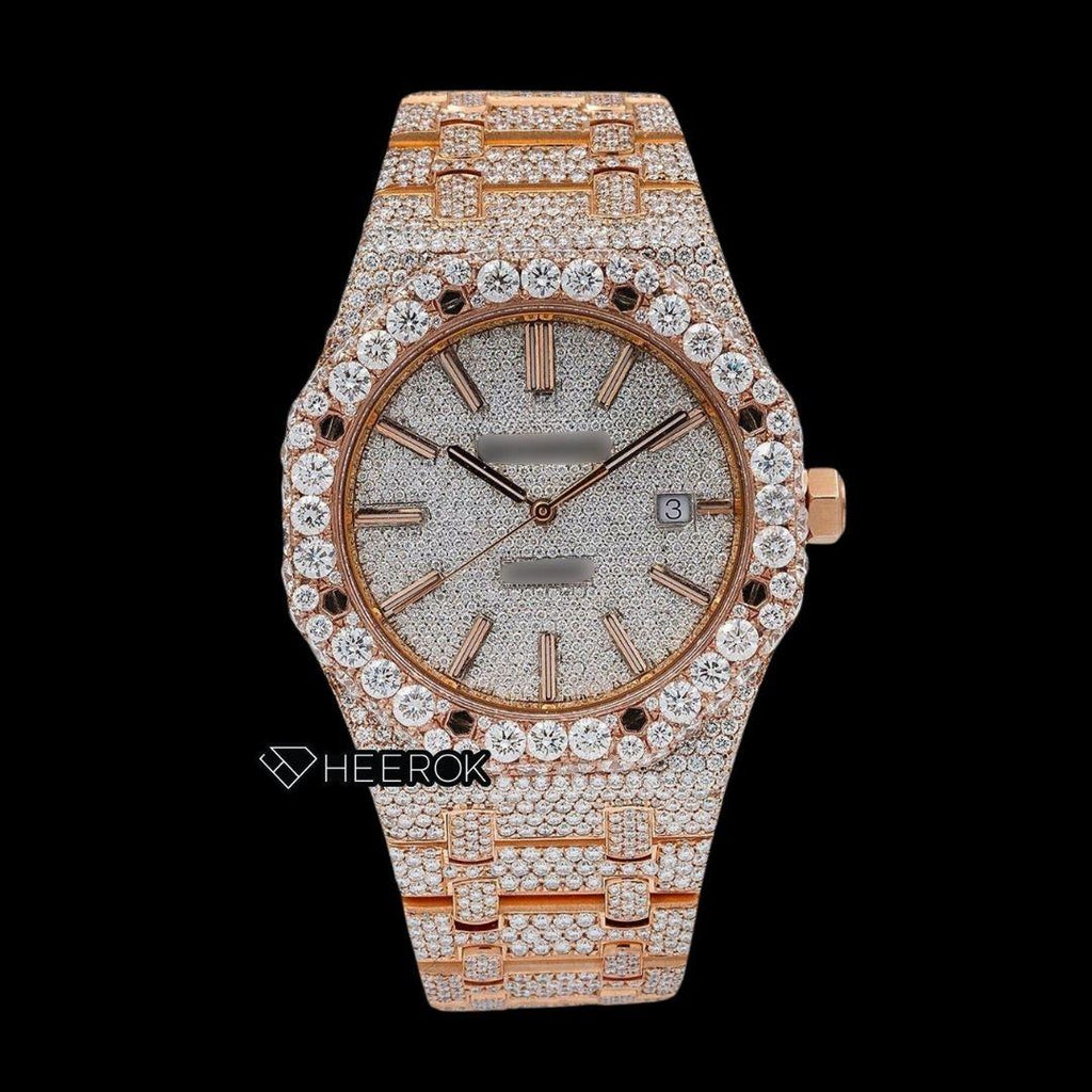 AP Royal Oak Full Pave Diamond Dial Stick Markers Large Round Diamond Rose Gold Bezel Fully Iced Out Rose Gold Moissanite Watch
