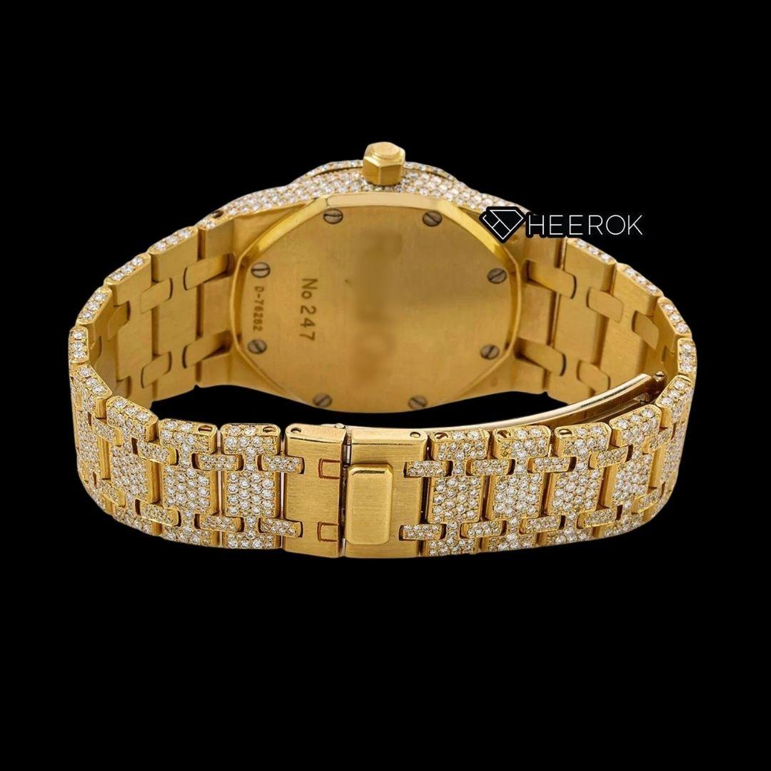AP Royal Oak Full Pave Diamond Dial Stick Markers Yellow Gold Diamond Bezel Fully Iced Out Yellow Gold Moissanite Watch For Women