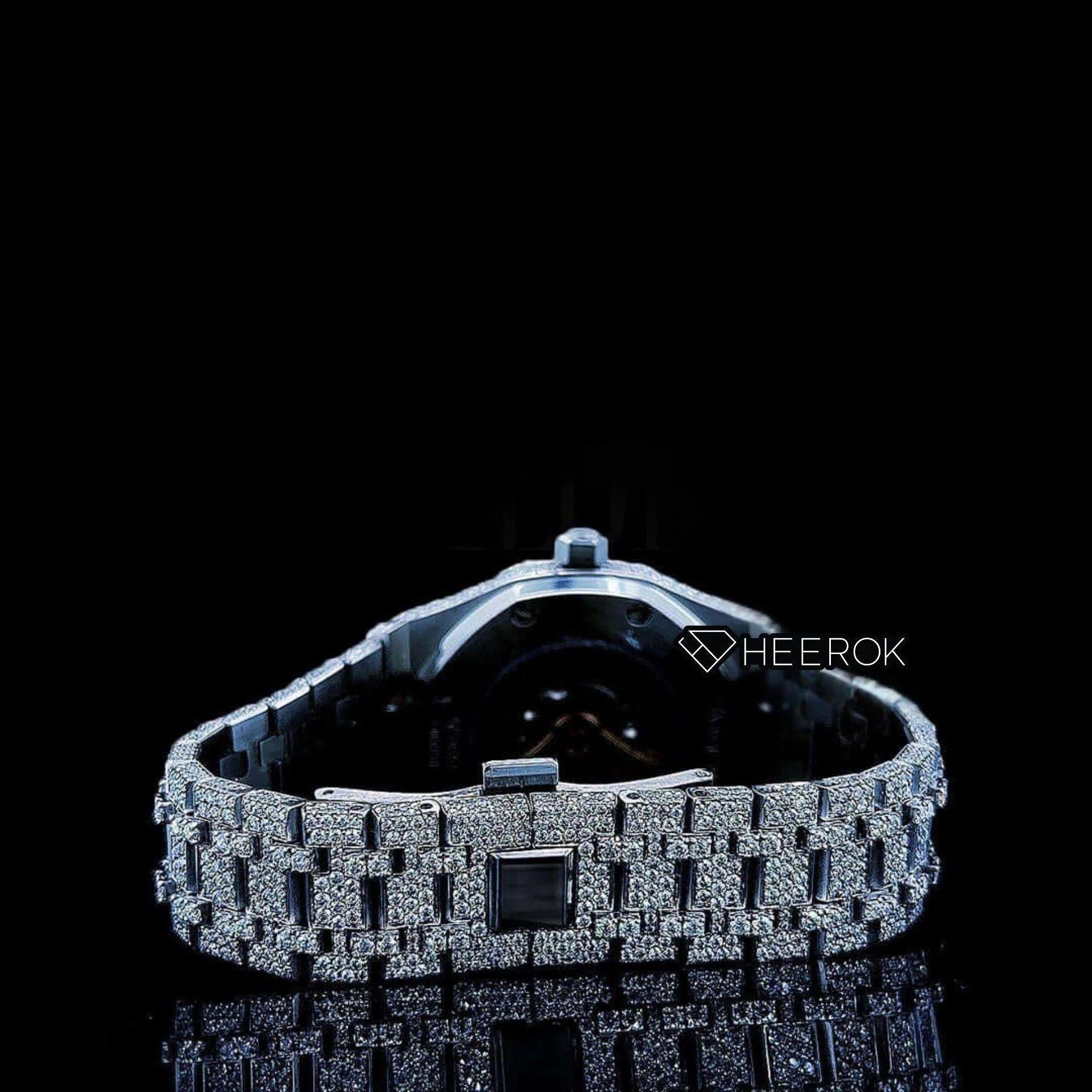 AP Royal Oak Fully Iced Out White Dial Blue Arabic Numerals Diamond Bezel Moissanite Diamond Bracelet