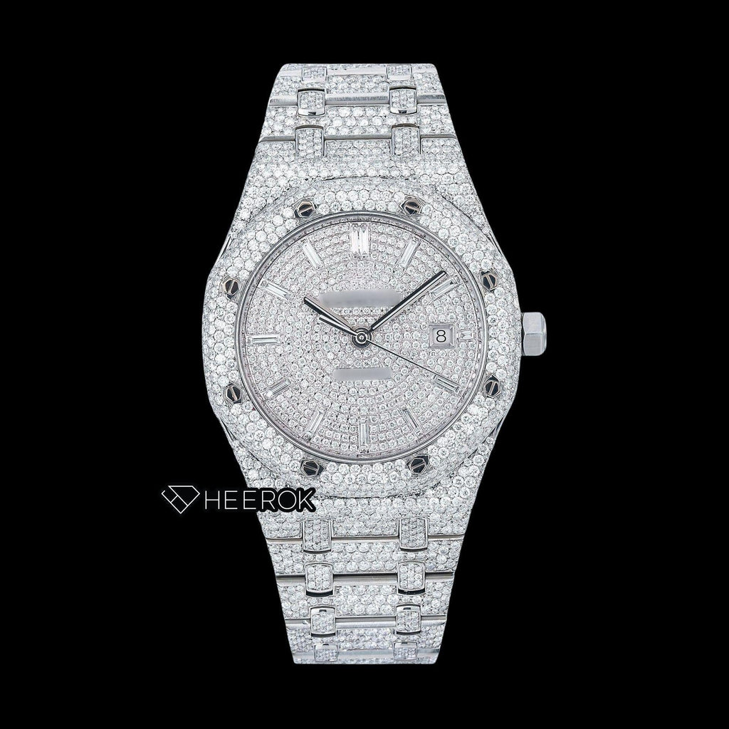 AP Royal Oak Fully Iced White Dial Baguette Diamond Markers Diamond Bezel Moissanite Diamond Watch