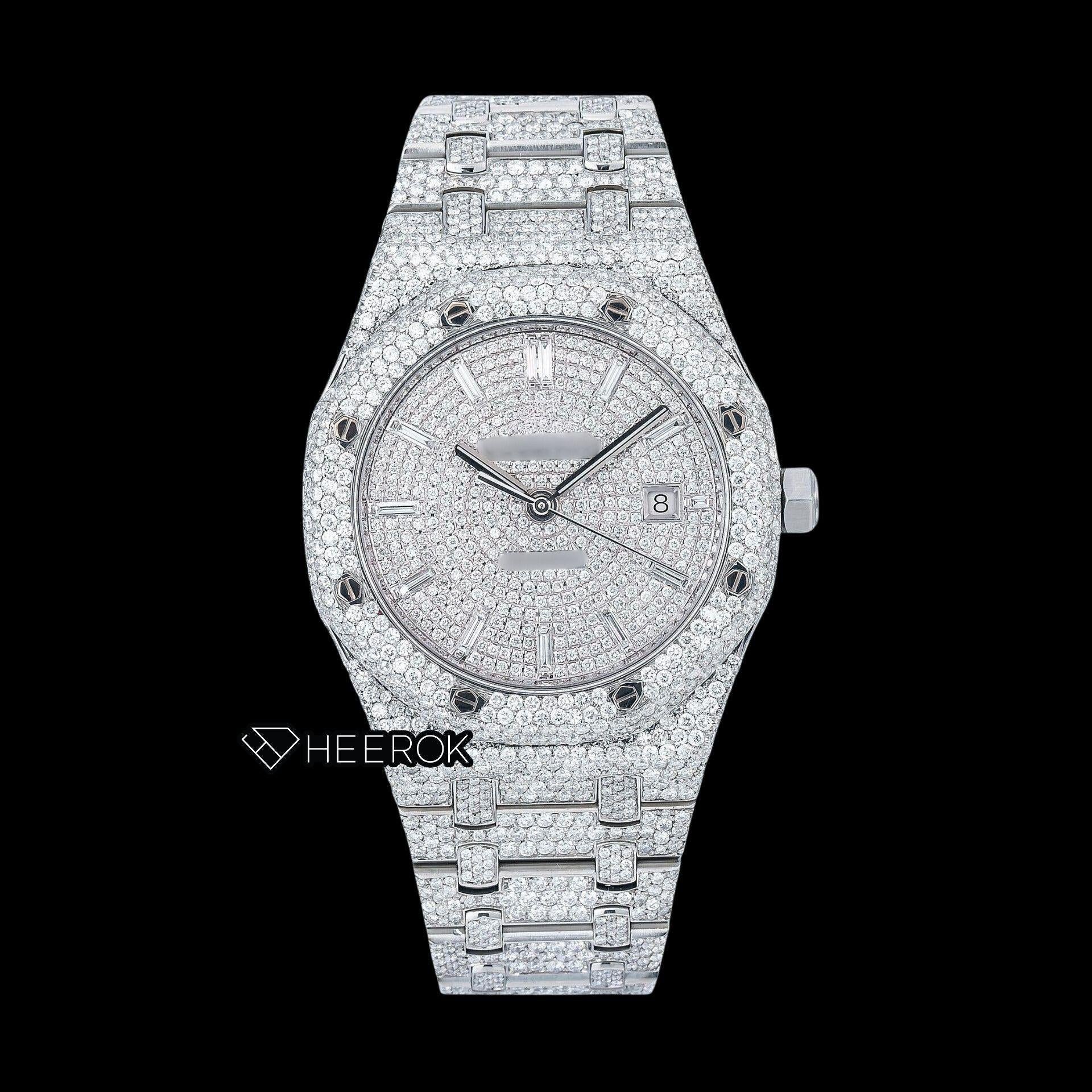 AP Royal Oak Fully Iced White Dial Baguette Diamond Markers Diamond Bezel Moissanite Diamond Watch