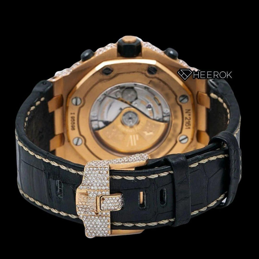 AP Royal Oak Offshore Black Chronograph Standard Numerals Brown Dial Rose Gold Diamond Bezel Black Leather Strap Semi Iced Out Moissanite Watch
