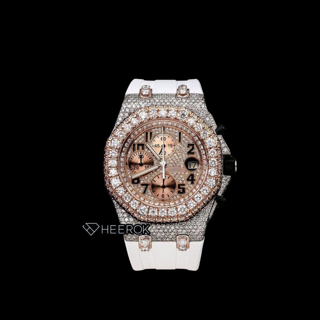 AP Royal Oak Offshore Chronograph Diamond Dial Black Standard Numerals Rose Gold Large Round Diamond Bezel White Rubber Strap Semi Iced Out Moissanite Watch