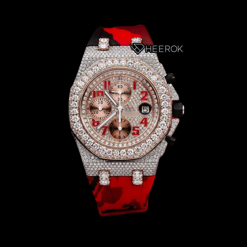 AP Royal Oak Offshore Chronograph Diamond Dial Standard Numerals Large Round Diamond Rose Gold Bezel Red Black Camouflage Rubber Strap Semi Iced Out Moissanite Watch