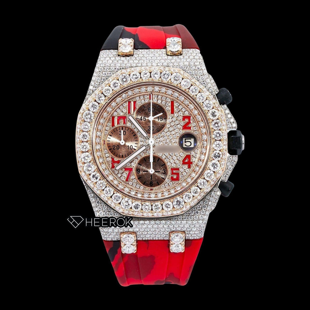 AP Royal Oak Offshore Chronograph Diamond Dial Standard Numerals Large Round Diamond Rose Gold Bezel Red Black Camouflage Rubber Strap Semi Iced Out Moissanite Watch