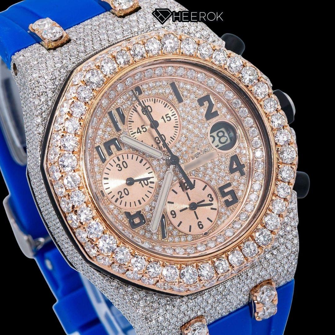AP Royal Oak Offshore Chronograph Pave Diamond Dial Black Standard Numerals Large Round Diamond Rose Gold Bezel Blue Rubber Strap Semi Iced Out Moissanite Watch