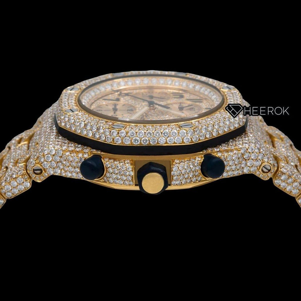 AP Royal Oak Offshore Chronograph Pave Diamond Dial Black Standard Numerals Yellow Gold Diamond Bezel Fully Iced Out Yellow Gold Moissanite Watch