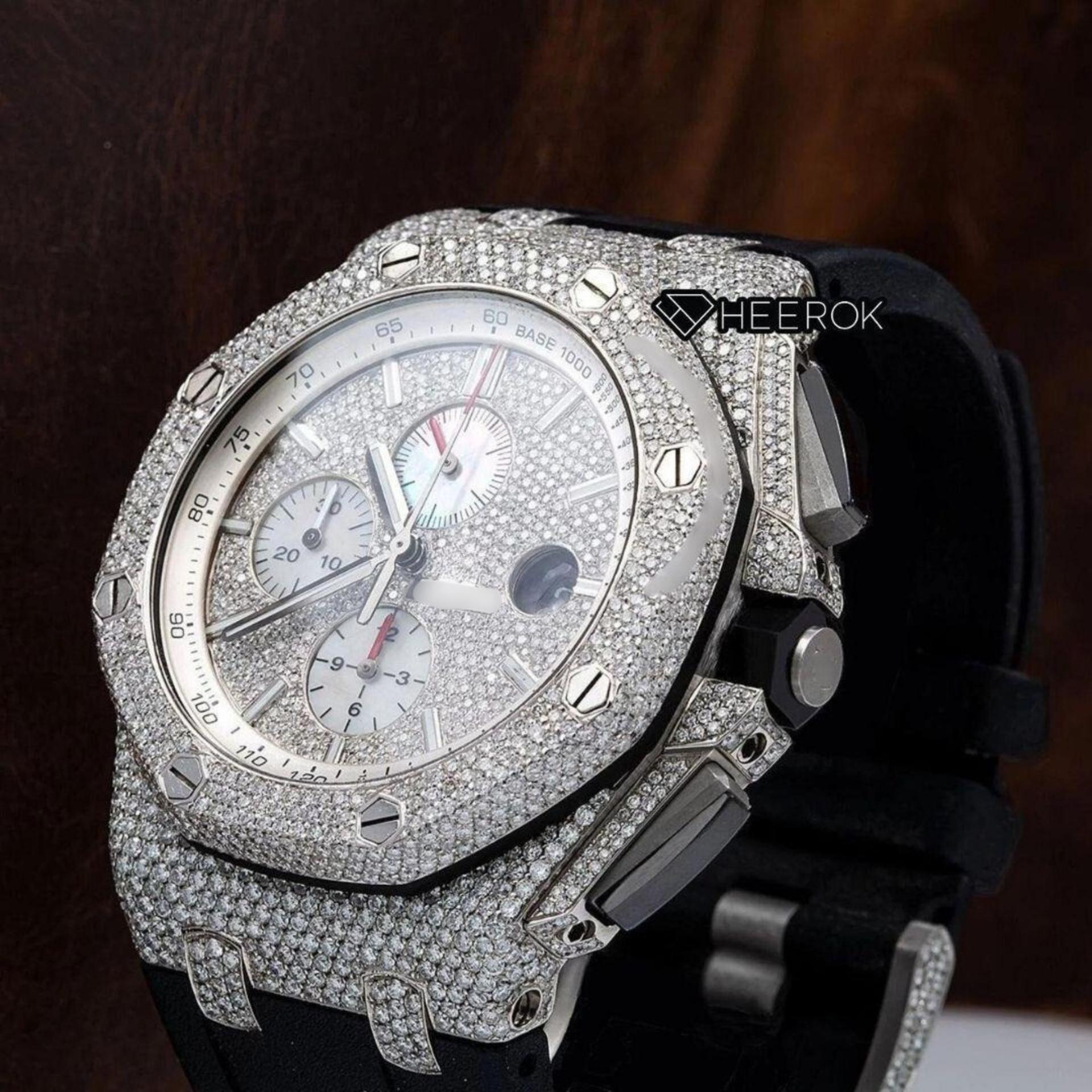 AP Royal Oak Offshore Chronograph Stick Markers Pave Diamond Dial Diamond Bezel Black Rubber Strap Semi Iced Out Moissanite Watch