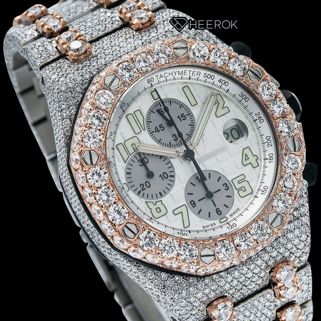 AP Royal Oak Offshore Chronograph White Dial Standard Numerals Large Round Diamond Bezel Rose Gold Two Tone Fully Iced Out Moissanite Watch
