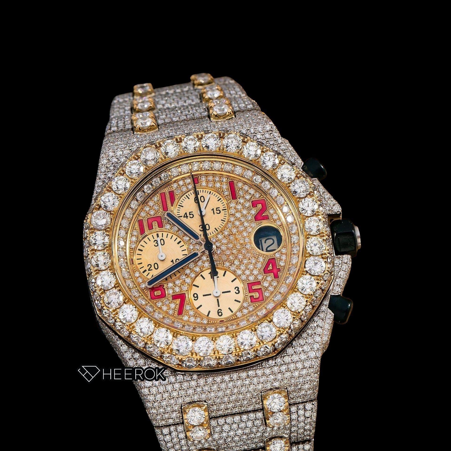 AP Royal Oak Offshore Chronograph Yellow Gold Dial Red Standard Numerals Large Round Diamond Bezel Two Tone Yellow Gold Fully Iced Moissanite Diamond Watch