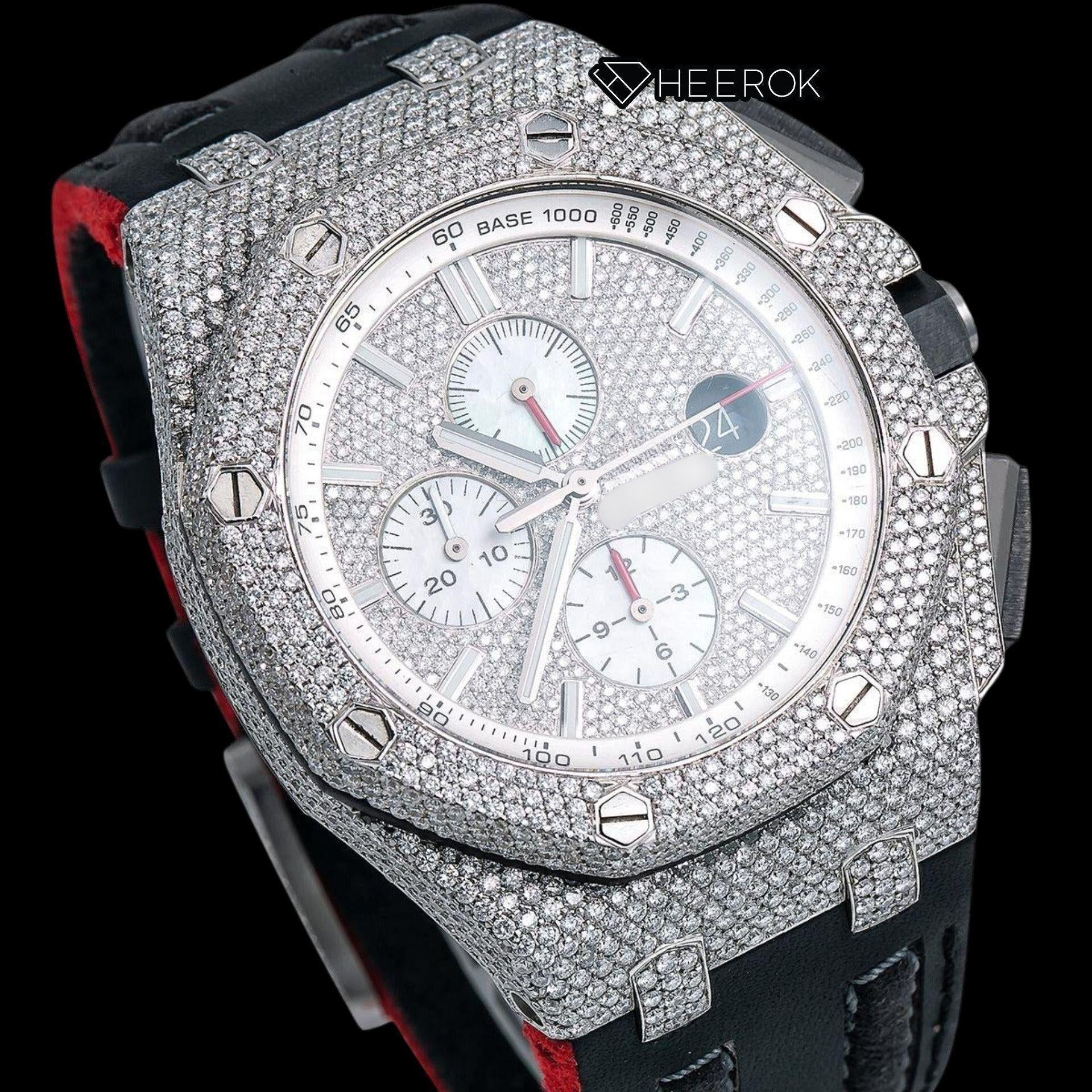 AP Royal Oak Offshore Full Pave Chronograph Diamond Dial Stick Markers Diamond Bezel Black Leather Strap Semi Iced Out Moissanite Watch