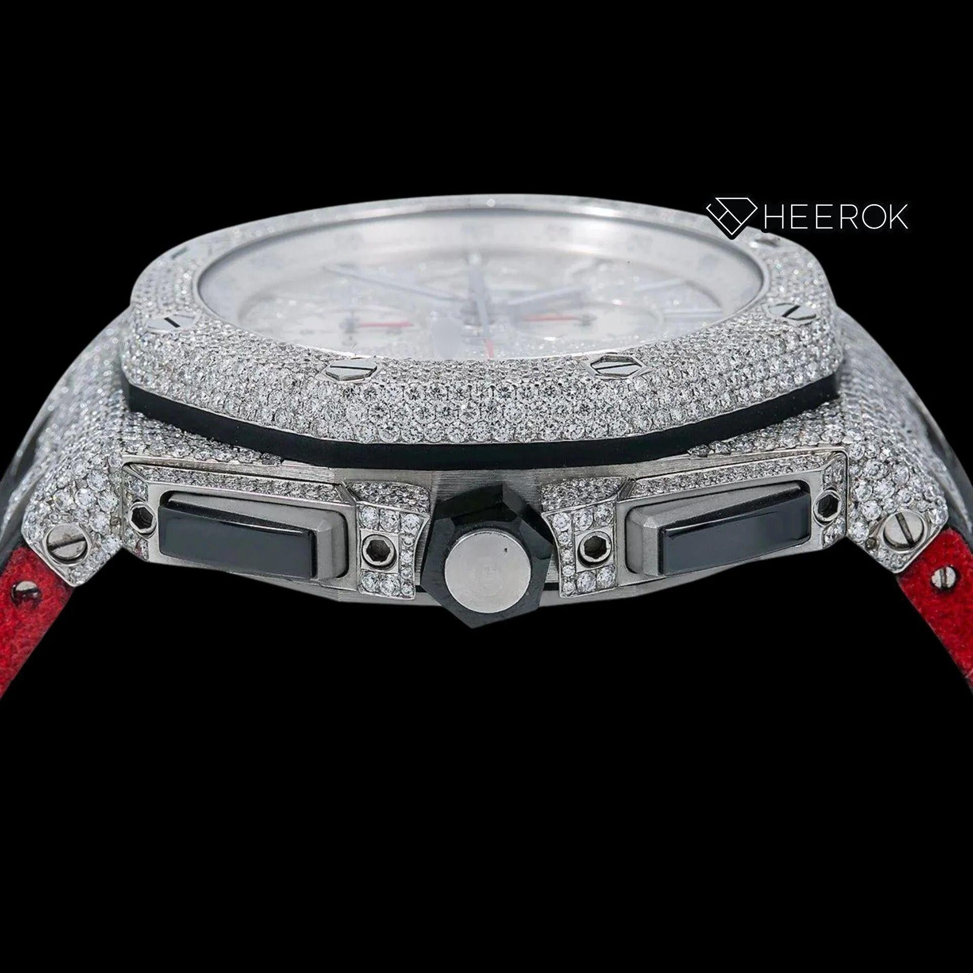 AP Royal Oak Offshore Full Pave Chronograph Diamond Dial Stick Markers Diamond Bezel Black Leather Strap Semi Iced Out Moissanite Watch