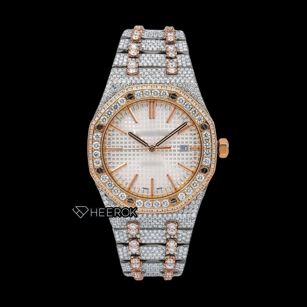 AP Royal Oak White Dial Stick Markers Diamond Bezel Two Tone Rose Gold Fully Iced Out Moissanite Watch