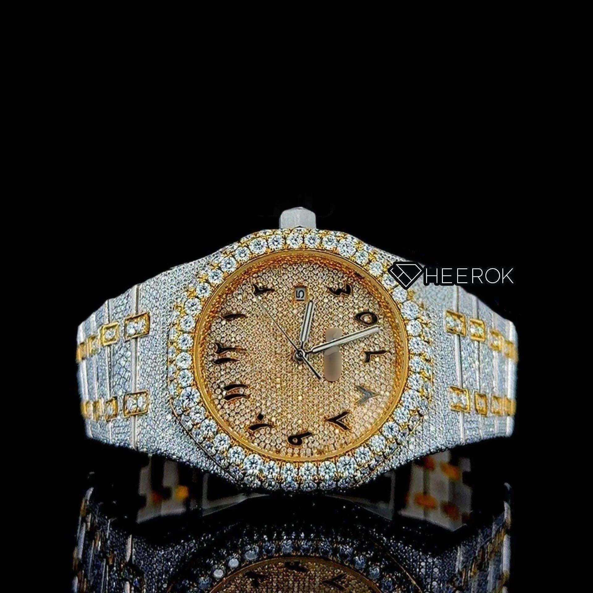 AP Royal Oak Yellow Dial Black Arabic Numerals Diamond Bezel Two Tone Yellow Gold Moissanite Diamond For Women