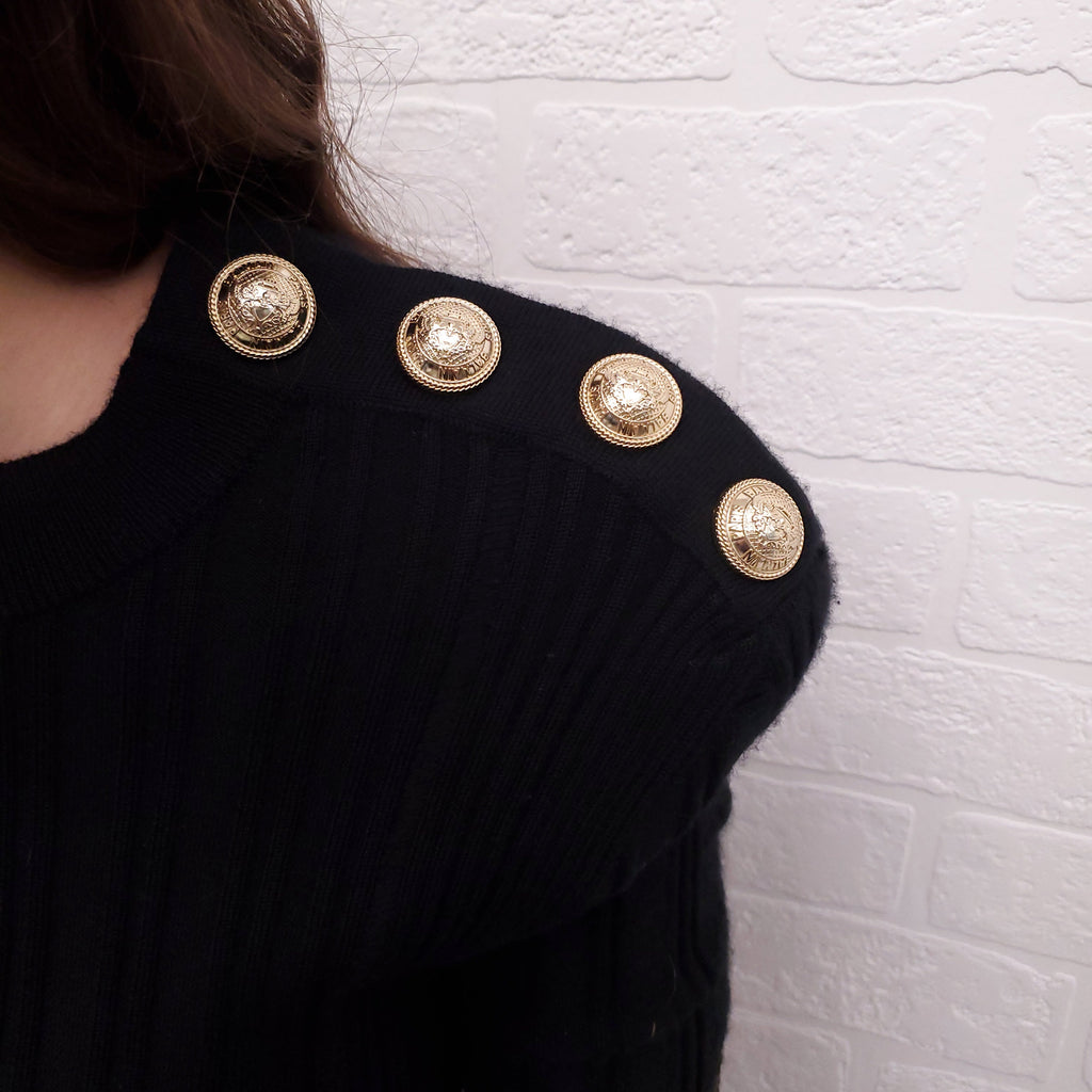 BALMAIN BLACK SHORT SLEEVE LONG DRESS WITH GOLD LOGO BUTTONS AND METALLIC DETAIL - SIZE 40