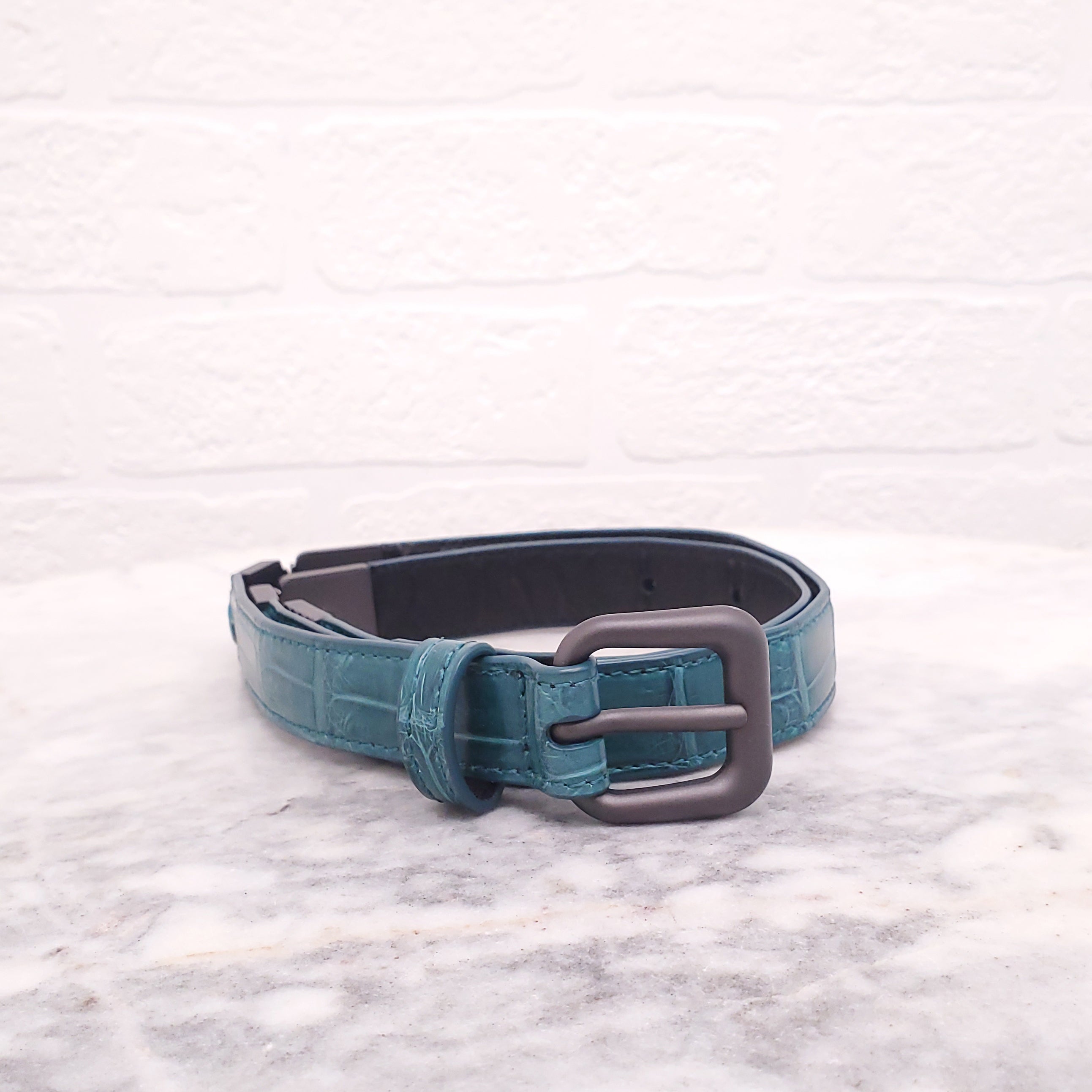 BOTTEGA VENETA GREEN SNAKESKIN BELT WITH SILVER DETAIL - SIZE 65