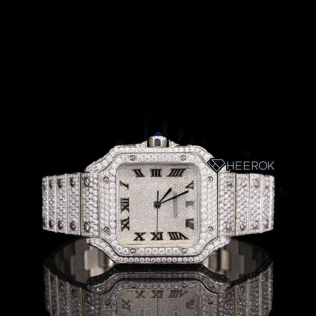 Cartier Santos Black Roman Numerals White Dial Diamond Bezel Fully Iced Moissanite Diamond
