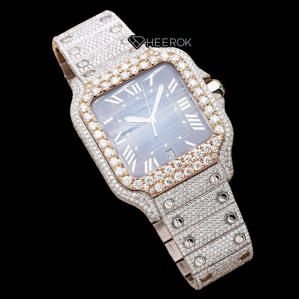 Cartier Santos Blue Dial Roman Numerals Diamond Bezel Bust Down Moissanite Diamond Watch