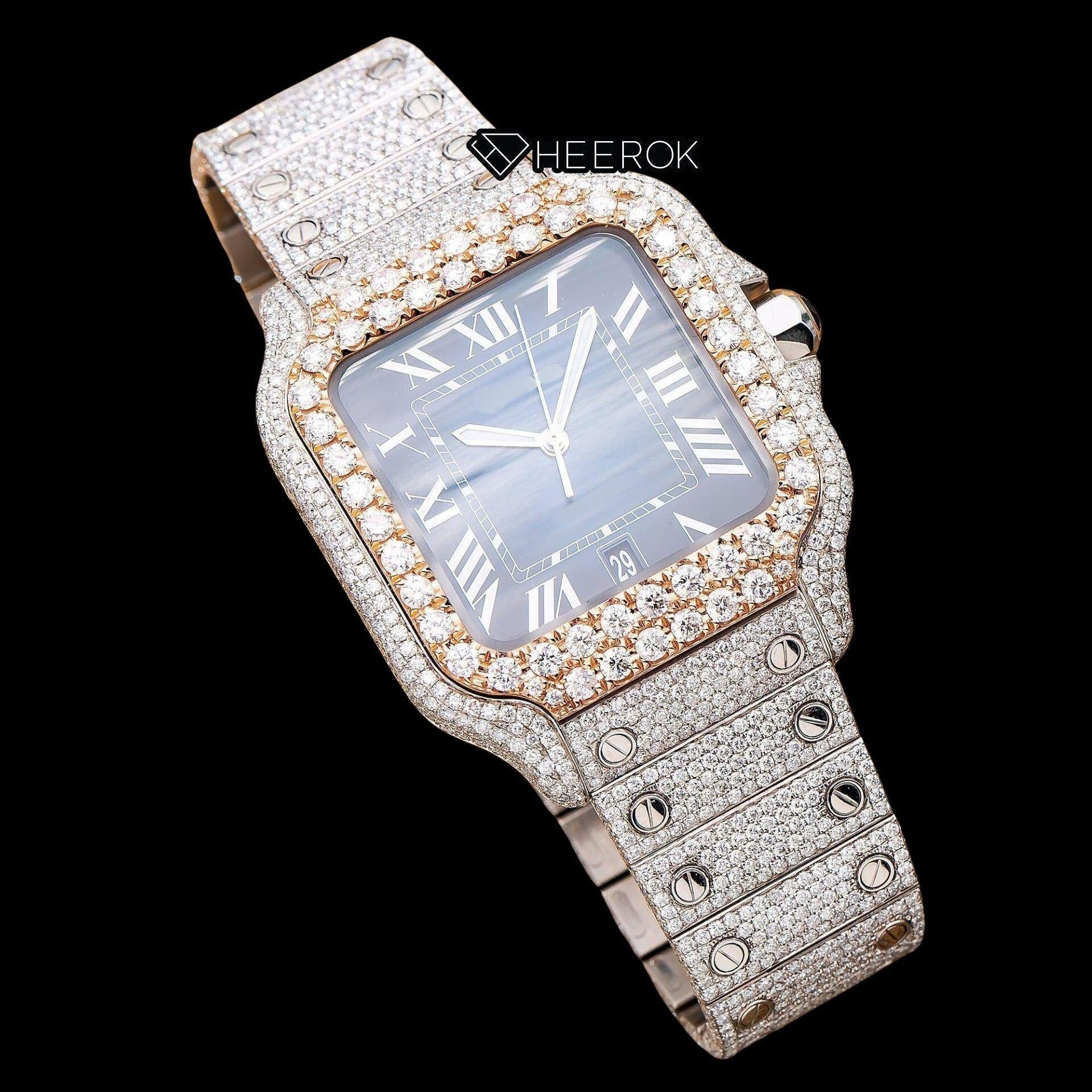 Cartier Santos Blue Dial Roman Numerals Diamond Bezel Bust Down Moissanite Diamond Watch