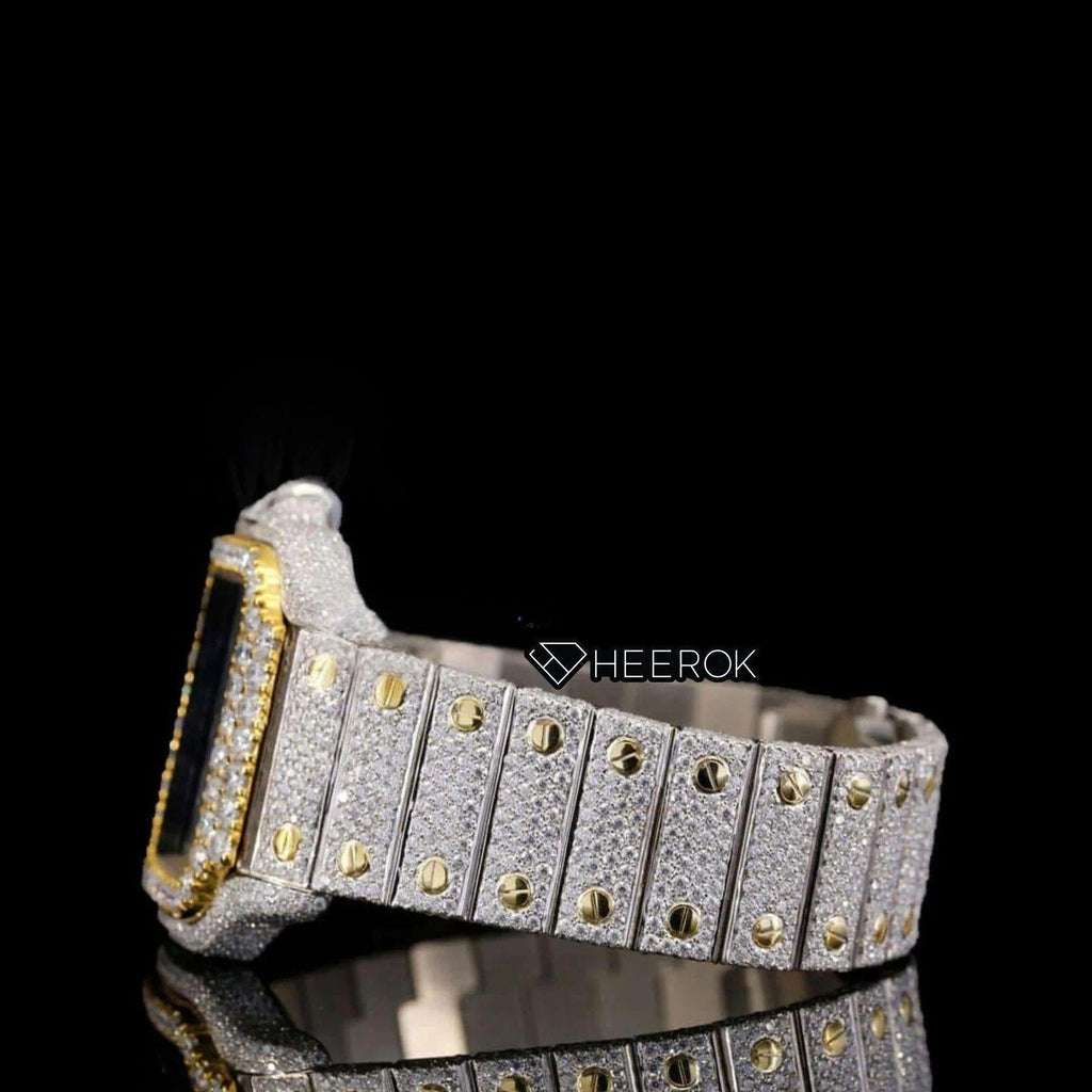Cartier Santos Blue Dial Roman Numerals Diamond Bezel Two Tone Yellow Gold Fully Iced Moissanite Diamond