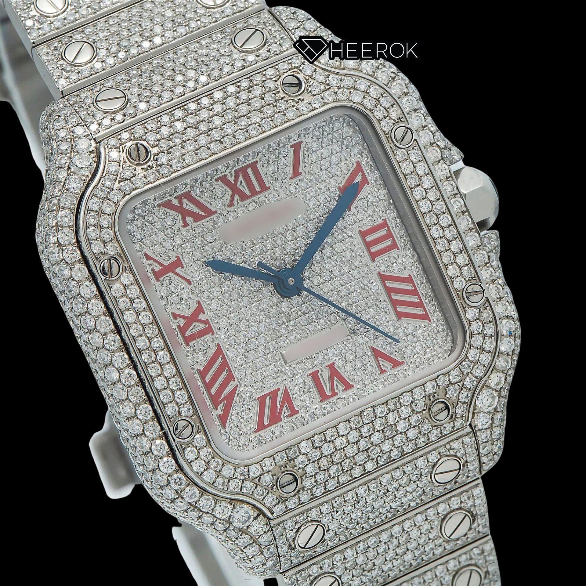 Cartier Santos Diamond Pave Dial Red Roman Numerals Diamond Bezel Fully Iced Moissanite Diamond Watch For Women