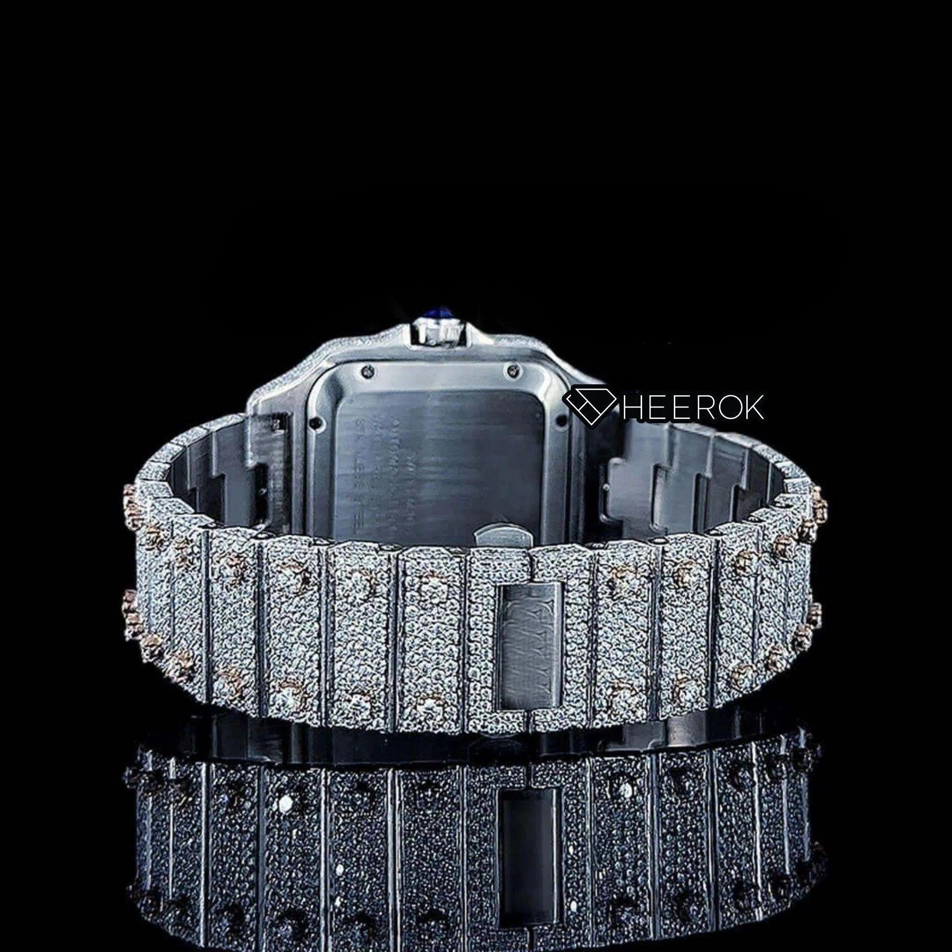 Cartier Santos Rose Gold Dial Black Roman Numerals Diamond Bezel Two Tone Fully Iced Moissanite Diamond For Women