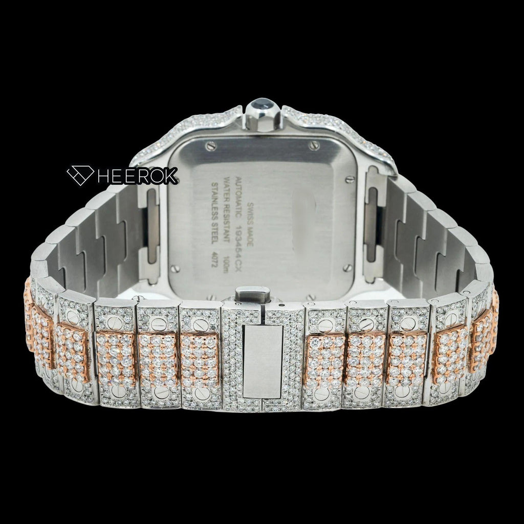 Cartier Santos Rose Gold Dial Black Roman Numerals Diamond Bezel Two Tone Rose Gold Moissanite Diamond Watch