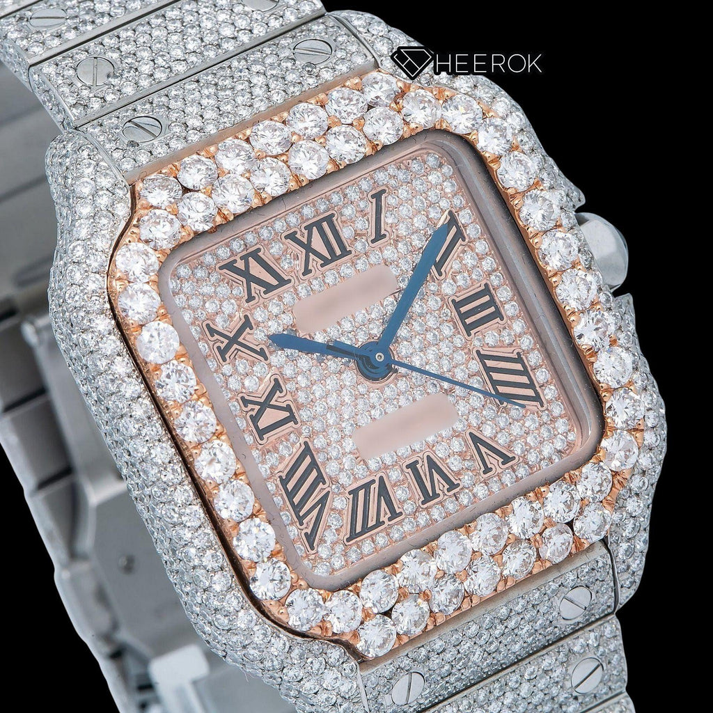Cartier Santos Rose Gold Diamond Pave Dial Roman Numerals Large Round Diamond Bezel Fully Iced Moissanite Diamond Watch For Women