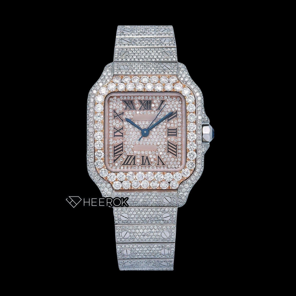 Cartier Santos Rose Gold Diamond Pave Dial Roman Numerals Large Round Diamond Bezel Fully Iced Moissanite Diamond Watch For Women