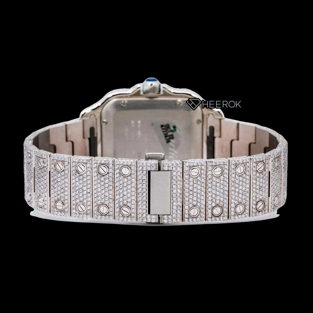 Cartier Santos Rose Gold Full Pave Dial Roman Numerals Diamond Bezel Fully Iced Moissanite Diamond Watch