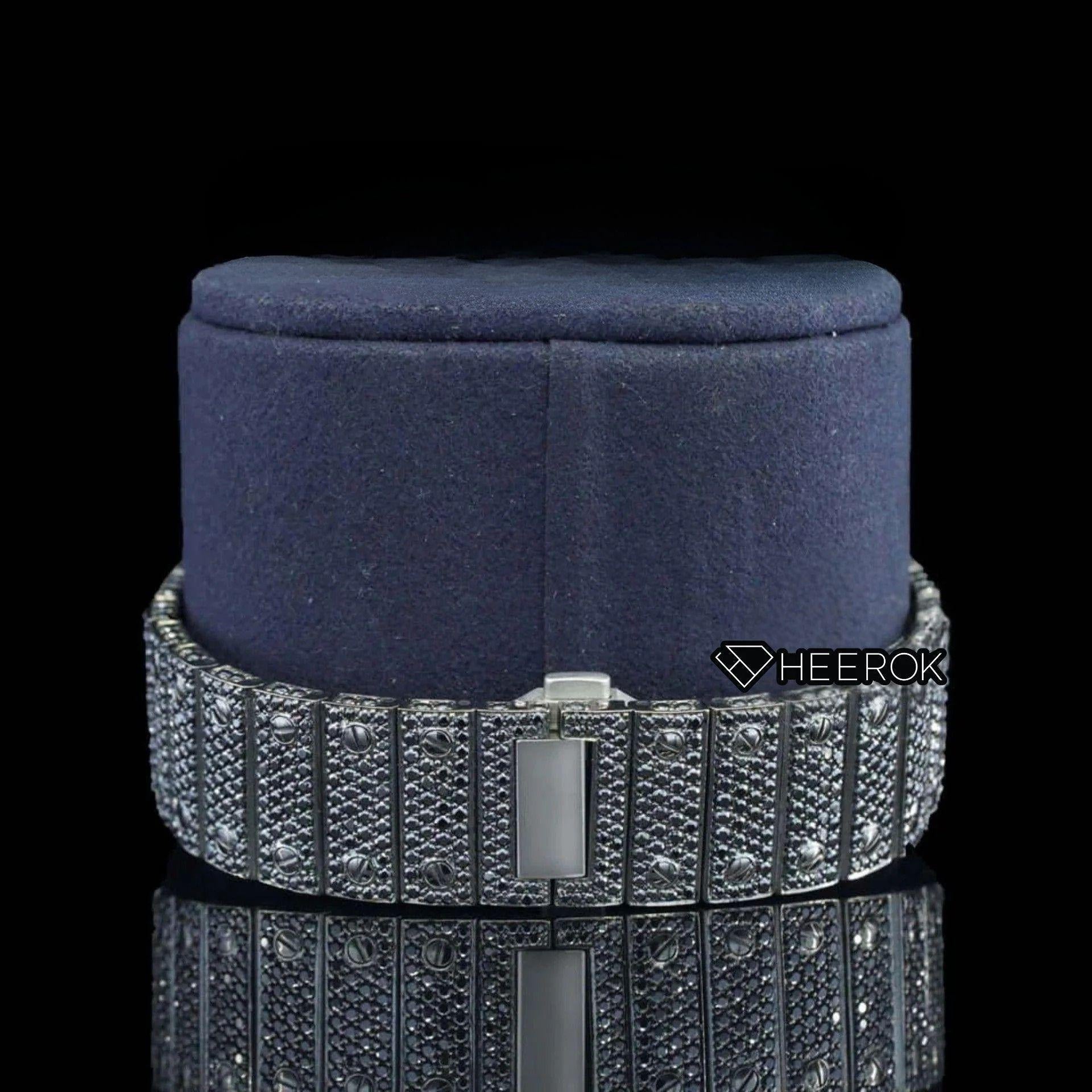 Cartier Santos Rose Gold Roman Dial Diamond Bezel Fully Iced Moissanite Black Diamond Bracelet