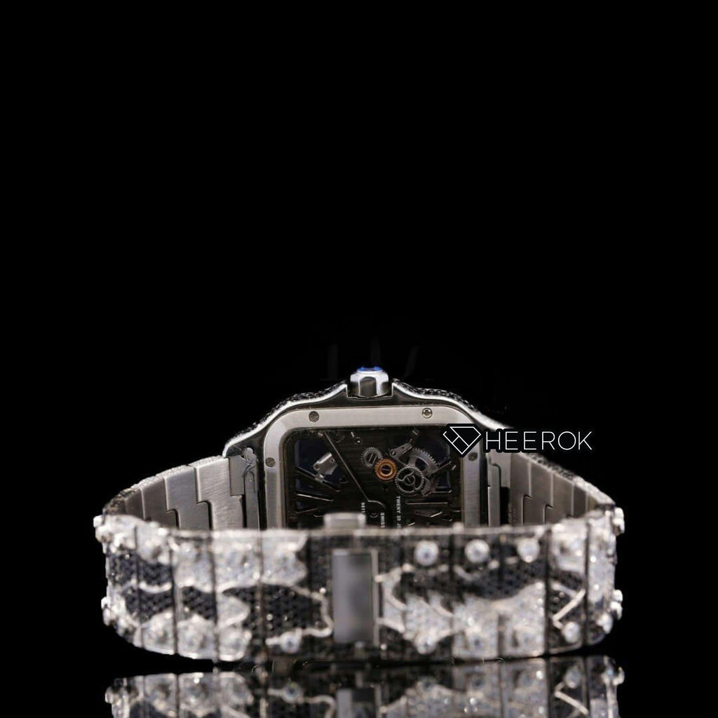 Cartier Santos Skeleton Dial Black and White Diamond Bezel Two Tone Bracelet Moissanite Diamond