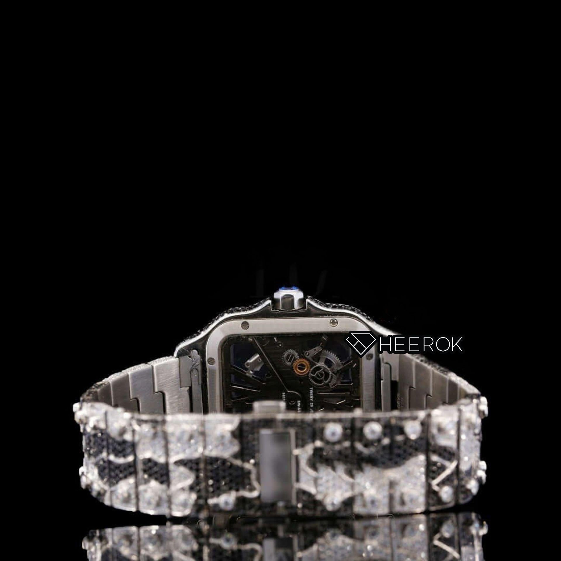 Cartier Santos Skeleton Dial Black and White Diamond Bezel Two Tone Bracelet Moissanite Diamond