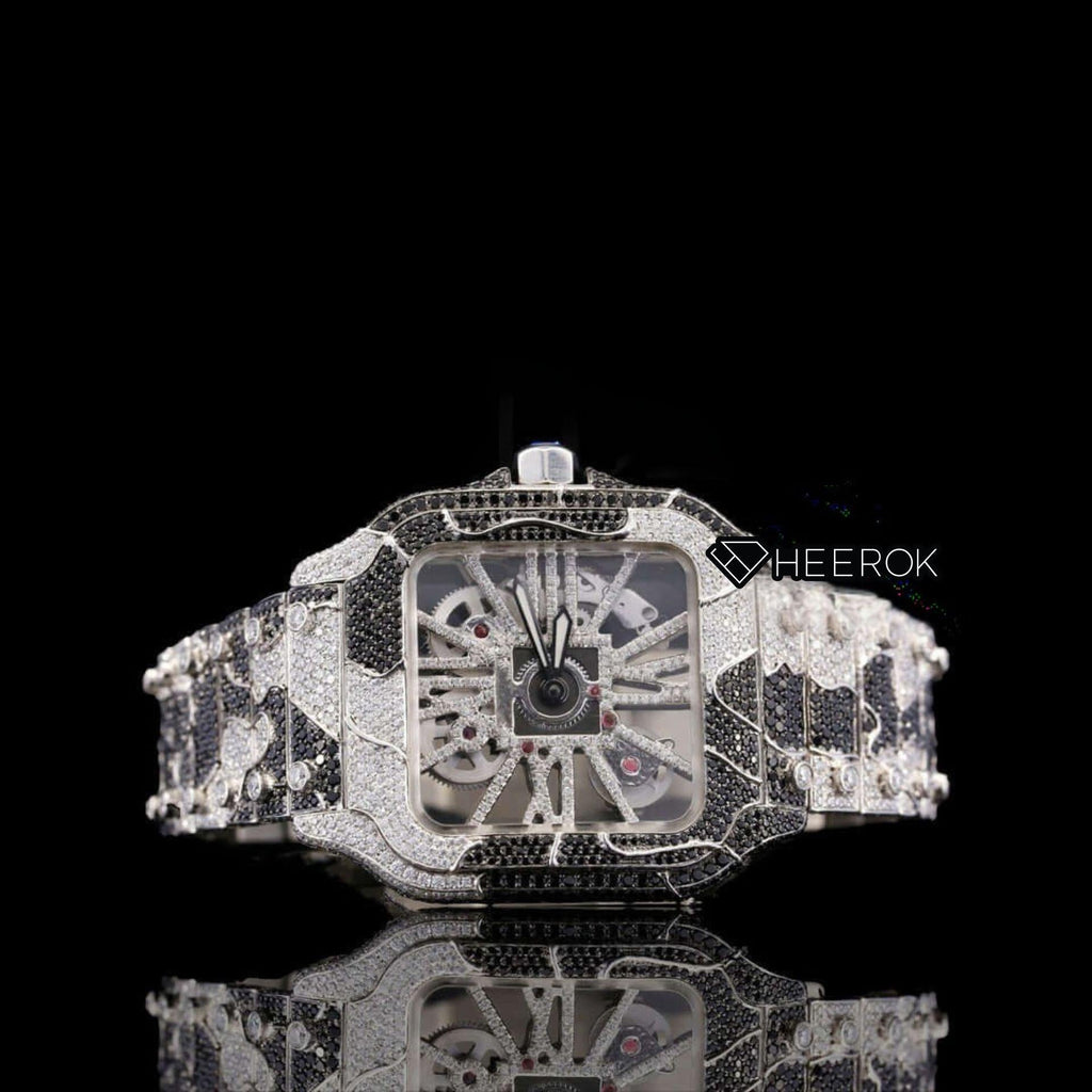 Cartier Santos Skeleton Dial Black and White Diamond Bezel Two Tone Bracelet Moissanite Diamond