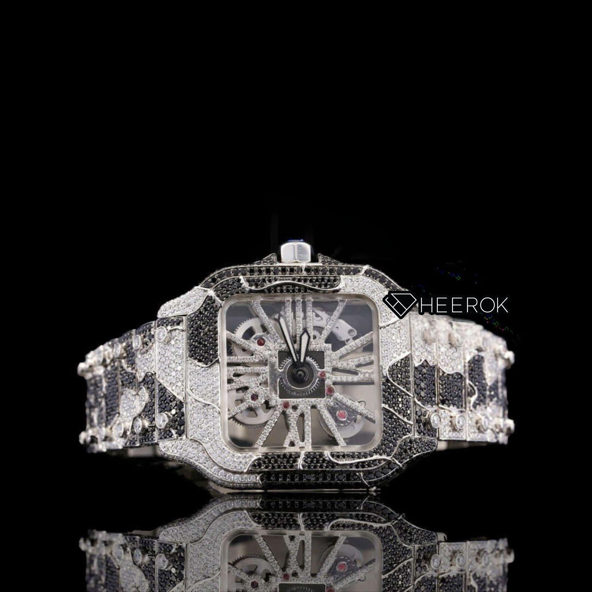 Cartier Santos Skeleton Dial Black and White Diamond Bezel Two Tone Bracelet Moissanite Diamond